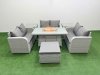 Fimous 7 Seater PE Wicker Rattan Furniture Sofa Sets with Firepit Dining Table 2 Seater Love Sofa Big Footstool 2 Side Table Light Grey