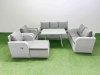 Fimous PE Rattan Garden Furniture Set Outdoor Rectangular Dining Table Sofa Set with Reclining Chair Big Stool Side Table Light Grey