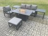 Fimous Aluminium 6 Pieces Garden Furniture Sofa Set with Cushions Gas Fire Pit Dining Table Set with 2 Side Tables Big Footstool Dark Grey