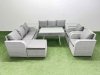 Fimous Rattan High Back Lounge Sofa Set Patio Dining Table & Chairs Set with 3 Seater Sofa 2 Reclining Chairs 2 Side Tables Big Stool Light Grey