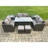Fimous 8 Seater Outdoor Rattan Garden Furniture Set with Patio Rectangular Dining Table 2 Side Tables Love Sofa 2 Small Footstools Dark Grey Mixed