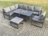 Fimous Aluminium Outdoor Garden Furniture Corner Sofa Gas Fire Pit Dining Table Sets Gas Heater Burner with Chair Big Footstool Dark Grey 8 Seater