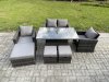 Fimous Outdoor Garden Dining Sets 7 Seater Rattan Patio Furniture Sofa Set with Rising Lifting Table 3 Footstools Dark Grey Mixed