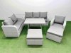 Fimous Rattan High Back Lounge Sofa Set Patio Dining Table & Chairs Set with 3 Seater Sofa Reclining Chair Side Table 2 Big Stool Light Grey