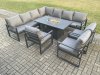 Fimous Aluminium 9 Pieces Garden Furniture Corner Sofa Set with Cushions Gas Fire Pit Dining Table Set Gas Heater Burner with 3 Chairs Dark Grey