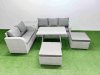 Fimous Outdoor PE Rattan Garden Furniture Set Rectangular Dining Table Sofa Set with 2 Big Stool Side Table Light Grey