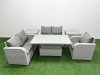 Fimous High Back Poly Rattan Garden Furniture Set with Reclining Chair Loveseat Sofa Adjustable Lifting Dining or Coffee Table Indoor Outdoor Patio Set 2 Side Table Light Grey