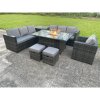 Fimous Outdoor Rattan Garden Furniture Gas Fire Pit Dining Table Gas Heater Sets Lounge Chairs Small Footstools Dark Mixed Grey 9 Seater