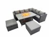 Fimous Garden Rattan Furniture Set 8 Seater Outdoor Corner Sofa Gas Firepit Dining Table Set with 2 Big Stools Dark Grey