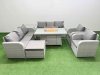 Fimous PE Rattan High Back Lounge Sofa Set Patio Firepit Dining Table & Chairs Set with 3 Seater Sofa Reclining Chair Big Footstool Side Table Light Grey