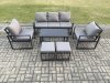 Fimous Aluminium Patio Outdoor Furniture Set 7 Seater Garden Sofa with Oblong Coffee Table 2 Small Footstools 2 Armchairs Dark Grey