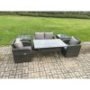 Fimous Outdoor Rattan Garden Furniture Lounge Sofa Set With Oblong Rectangular Dining Table 2 PC Reclining Chair 2 PC Side Tables