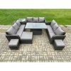 Fimous Garden Dining Sets Outdoor Rattan Furniture Lounge Sofa Height Adjustable Rising lifting Table With Side Table 3 Footstools Dark Grey Mixed