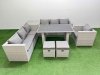 Fimous Patio Garden Furniture Sets with Black Glass Top Dining Table 3 Seater Sofa Armchair Side Table 2 Small Stool Light Grey