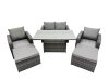 Fimous 6-seater Patio Height Adjustable Rising Lifting Table Sofa Sets Rattan Garden Furniture Dining Set with 2 Big Footstool Dark Grey Mixed