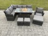 Fimous 10 Seater Outdoor Rattan Garden Furniture Set Corner Sofa Gas Fire Pit Dining Table Sets Gas Heater with 3 Footstools Armchair Dark Grey Mixed