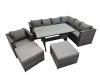 Fimous Rattan Garden Furniture Set Outdoor 9 Seater Patio Dining Corner Sofa Sets with Dining Table Chair 2 Big Stools Dark Grey Mixed