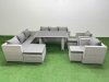 Fimous 11 Seater Wicker PE Rattan Furniture Outdoor Dining Table 3 Seater Sofa Armchair Set with 3 Stools Light Grey