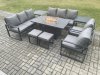Fimous Aluminium Outdoor Garden Furniture Set Patio Lounge Sofa Gas Fire Pit Dining Table Set with 2 Small Footstools 2 Side Tables Dark Grey