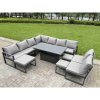 Fimous 10 Pieces Aluminium Garden Furniture Set with Cushions, Patio Furniture Set with Adjustable Rising Lifting Dining Table 2 Big Footstools Dark Grey