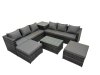 Fimous 8 Seater Garden Outdoor Rattan Furniture Set Patio Corner Sofa Rectangular Coffee Table with Side Table 2 Big Stool Dark Grey