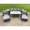 Fimous Outdoor Rattan Furniture Sofa Garden Dining Sets Height Adjustable Rising lifting Table and Chair Set With 2 Side Tables 2 Big Footstools