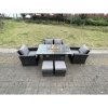 Fimous Rattan Outdoor Furniture Gas Fire Pit Rectangle Dining Table Gas Heater Chairs Two Seater Love Sofa Sets Footstools 6 Seater