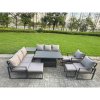 Fimous 8 Piece Garden Furniture Set 11-Seater Aluminium Outdoor Dining Set with Adjustable Rising Lifting Dining Table & Cushions 3 Footstools Dark Grey