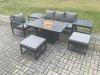 Fimous Aluminium 7 Pieces Garden Furniture Sofa Set with Cushions Gas Fire Pit Dining Table Set with 2 Big Footstools 2 Side Tables Dark Grey