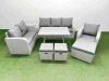 Fimous Rattan High Back Lounge Sofa Set Patio Dining Table & Chairs Set with 3 Seater Sofa Reclining Chair Side Table 3 Stool Light Grey
