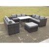 Fimous Outdoor Rattan Garden Furniture Lounge Sofa Set With Oblong Dining Table With Clear Tempered Glass And Big Footstool