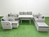 Fimous PE Rattan Garden Furniture Set Reclining Chair Sofa Double Love Seat 2 Seater Sofa Lounge Set Rectangular Dining Table 3 Stools 2 Side Table Light Grey
