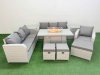 Fimous 10 Seater Poly Rattan Outdoor Garden Furniture Firepit Dining Table Sofa Set Patio 3 Seater Sofa Reclining Chair 3 Seater Sofa 3 Stools 2 Side Table Light Grey