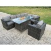 Fimous Outdoor Rattan Garden Corner Furniture Gas Fire Pit Dining Table Gas Heater Sets Lounge Chair Dark Grey 7 Seater