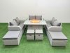 Fimous PE Rattan Lounge Sofa Set 10 Seater Outdoor Garden Furniture Set with Gas Firepit Table Love Sofa 2 Big Footstools 2 Side Tables Light Grey