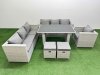 Fimous Patio Garden Furniture Sets with Black Glass Top Dining Table 3 Seater Sofa Armchair 2 Small Stool Light Grey