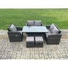 Fimous Wicker PE Rattan Furniture Garden Dining Set Outdoor Height Adjustable Rising lifting Table Love Sofa With Reclining Chair 2 Small Footstools