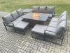 Fimous Aluminium 11 Seater Garden Furniture Outdoor Set Patio Lounge Sofa Gas Fire Pit Dining Table Set with 2 Big Footstools Side Table Dark Grey