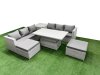 Fimous 6 PCs Rising Dining Table Set Rattan Furniture Set with 3 Seater Sofa 2 Big Footstools Side Table Light Grey