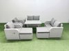 Fimous 8 Seater Rattan Garden Furniture Set Outdoor Love Sofa Set with Rectangular Dining Table Side Table 2 Big Footstools Light Grey