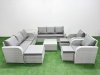 Fimous PE Rattan High Back Lounge Sofa Set Patio Square Coffee Table & Chairs Set with 3 Seater Sofa Reclining Chair 3 Stools Side Table Light Grey