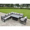 Fimous 8 Piece L-shaped Garden Furniture Set 9-Seater Aluminium Outdoor Dining Set with Adjustable Rising Lifting Dining Table 2 Small Footstools Dark Grey