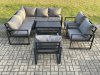 Fimous 10 Seater Aluminium Outdoor Garden Furniture Set Patio Lounge Sofa with Oblong Coffee Table Chair 2 Small Footstools Dark Grey