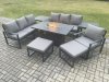 Fimous Aluminium 8 Pieces Garden Furniture Sofa Set with Cushions 9 Seater Gas Fire Pit Dining Table Set with 2 Side Tables 2 Big Footstools Dark Grey
