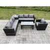 Fimous 7 Seater Rattan Corner Sofa Set With Square Side Table And Oblong Rectangular Coffee Tea Table Arm Chair Dark Grey Mixed