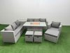 Fimous 10 Seat PE Rattan Lounge Sofa Set Outdoor Garden Furniture Set with Firepit Dining Table 3 Seater Sofa 3 Stools Side Table Light Grey