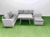 Fimous Outdoor PE Rattan Garden Furniture Set Rectangular Dining Table Sofa Set with Big Stool 2 Side Tables Light Grey