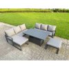 Fimous 7 Pieces Garden Furniture Set Aluminium Adjustable Rising Lifting Dining Table and Sofa Set with 2 Side Tables 2 Small Footstools Dark Grey