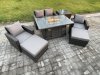 Fimous Outdoor Garden Dining Sets 6 Seater Rattan Patio Furniture Sofa Set with Gas Firepit Table 2 Big Footstool Side Table Dark Grey Mixed
