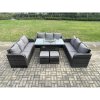 Fimous Rattan Furniture Garden Dining Set Gas Fire Pit Table With Lounge Sofa 2 Small Footstools Dark Grey Mixed